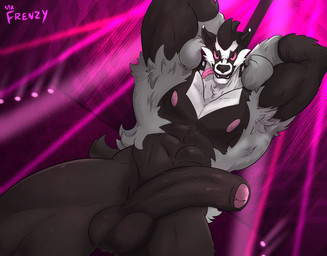 abs anthro areola balls biped black_balls black_body black_foreskin black_fur foreskin fur genitals grey_body grey_fur hands_behind_head humanoid_genitalia humanoid_penis looking_at_viewer male muscular muscular_anthro muscular_male nipples nude open_mouth partially_retracted_foreskin pecs penis pink_nipples pink_sclera pole solo stripper_pole teeth tongue tongue_out vein veiny_penis white_body white_fur mr._frenzy nintendo pokemon generation_8_pokemon obstagoon pokemon_(species) hi_res