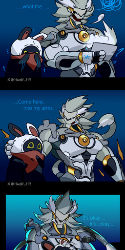 anthro bodily_fluids crying dialogue duo electronics hair machine male male/male metallic_body nipples silver_body tears text hwolfhr mihoyo zenless_zone_zero banyue_(zenless_zone_zero) eous_(zenless_zone_zero) bangboo felid humanoid lion mammal pantherine robot comic english_text hi_res