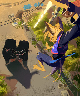 3_toes action_pose angry anthro arnis barefoot belt bottomwear bracelet brown_body brown_fur cape claws clenched_teeth clothing collar denim denim_bottomwear denim_clothing detailed_background duo fedora feet female finger_claws fur glowing glowing_weapon green_eyes hat hat_over_eyes head_tuft headgear headwear high-angle_view holding_object holding_weapon jacket jeans jersey jewelry leather leather_clothing leather_jacket leather_topwear long_sleeves looking_at_another looking_down male markings midair narrowed_eyes pants pawpads paws pose sharp_teeth shirt shorts spots spotted_body spotted_fur spread_toes squint striped_markings stripes teeth toe_claws toes topwear torn_bottomwear torn_clothing torn_jeans torn_pants tuft weapon yellow_body yellow_fur ruffu pepper_in_the_sandbox asukaru_(ruffu) pepper_(ruffu) unnamed_character canid canine felid feline mammal serval digital_drawing_(artwork) digital_media_(artwork)