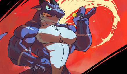 2_horns 3_fingers anthro bared_teeth biceps big_muscles black_claws black_eyes black_horn blue_body blue_sclera candy claws colorful_background countershade_face countershade_neck countershade_torso countershading deltoids dessert finger_claws fingers flesh_fang food furrowed_eyebrows hand_on_hip hand_on_own_hip head_horn holding_candy holding_food holding_lollipop holding_object horn lollipop male multicolored_body muscular muscular_male nude pecs sneer solo striped_arms stripes tail teeth text two_tone_body underbite white_body white_countershading white_stripes goofyahdragons lizard reptile scalie 2024 artist_name digital_drawing_(artwork) digital_media_(artwork) half-length_portrait hi_res portrait