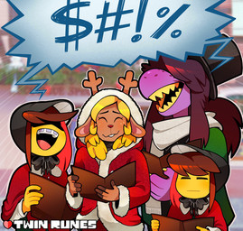 anthro blonde_hair blush brown_hair clothing duo eyelashes female freckled_face freckles hair hair_over_eyes hat headgear headwear holidays long_eyelashes male speech_bubble teeth text yellow_body yellow_skin yellow_teeth akanemnon christmas deltarune undertale undertale_(series) frisk_(undertale) kris_dreemurr noelle_holiday susie_(deltarune) deer human mammal new_world_deer reindeer 2025 hi_res nonbinary_(lore)