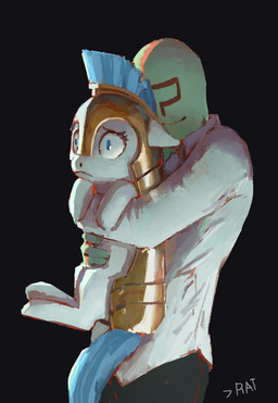 ?_face armor black_background blue_hair blue_tail clothed clothing duo female floppy_ears green_body green_skin hair hug male male/female simple_background smile tail white_body white_skin wide_eyed worried rhorse friendship_is_magic hasbro my_little_pony anon royal_guard_(mlp) equid equine horse human mammal pony hi_res signature