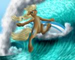 blonde_hair blue_eyes brown_body brown_fur cutie_mark ear_piercing featureless_crotch feral fur hair hooves long_hair male piercing smile solo surfboard surfer surfing tan_body tan_fur vehicle water watercraft wave crazyaniknowit hasbro my_little_pony fan_character earth_pony equid equine horse mammal pony 5:4 absurd_res hi_res