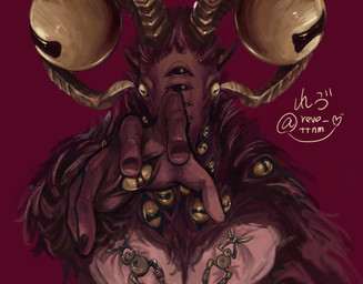 5_fingers brown_body brown_fur fingers fur horizontal_pupils horn looking_at_viewer male multi_eye piercing pupils red_background simple_background solo unusual_anatomy reve_ttnm elden_ring elden_ring_nightreign fromsoftware nightreign libra_creature_of_night bovid caprine caprine_demon demon goat goat_demon mammal
