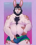 anthro arm_hair barazoku beard belly belly_grab body_hair bulge bulge_grab chest_hair clothed clothing ear_piercing facial_hair facial_piercing fur male nipples nose_piercing nose_ring overweight overweight_male pecs piercing pubes ring_piercing simple_background solo text underwear spottymichi blair_valentine lagomorph leporid mammal rabbit digital_media_(artwork) hi_res
