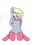 anthro anthrofied blonde_hair bottomless breasts camera clothed clothing clothing_lift electronics feathered_wings feathers female genitals grey_body grey_feathers hair legwear microphone navel nipples pussy shirt shirt_lift simple_background solo stockings topwear wings whoop friendship_is_magic hasbro my_little_pony mythology derpy_hooves_(mlp) equid equine mammal mythological_creature mythological_equine pegasus hi_res