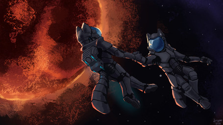 anthro detailed_background duo floating hand_holding male planet space spacesuit star tail text lussat space_station_13 ferrif lento_taivaalla vulpkanin 16:9 english_text hi_res signature widescreen