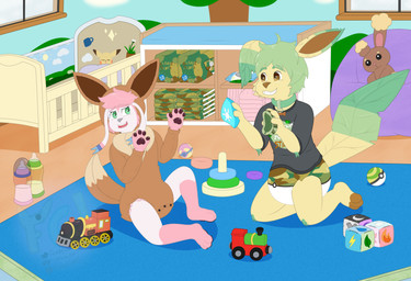 anthro arm_tuft baby_bottle bean_bag bodily_fluids brown_floor brown_onesie changing_table cheek_tuft clothed clothing collar crib diaper duo elbow_tuft facial_tuft fur green_eyes green_hair grey_nose hair heal_ball holding_object holding_plushie knee_tuft leg_tuft male nervous nest_ball onesie pawpads pink_body pink_fur pink_hair pink_pawpads playpen plushie pokeball pokeball_diaper rug smile snapsuit stacking_rings sweat toy toy_block toy_train tuft wearing_collar wearing_diaper wet_wipes window yellow_body yellow_fur fennecat nintendo pokemon buneary eevee eeveelution generation_1_pokemon generation_4_pokemon generation_6_pokemon leafeon pikachu pokemon_(species) sylveon absurd_res hi_res watermark