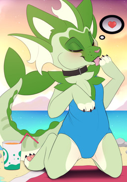 3_toes beach beach_towel beverage black_claws black_collar blue_clothing blue_swimwear camel_toe claws clothed clothed_female clothed_feral clothing collar day drinking_straw eyes_closed fangs feet female female_feral feral fin front_view green_body green_ears green_tail kneeling licking one-piece_swimsuit outside pawpads pink_nose pink_pawpads pink_tongue rock sand sea seaside self_lick sky snout solo star starry_sky swimwear tail teeth toe_claws toes tongue tongue_out towel water meraence nintendo pokemon fan_character nori_(sylve0n) eeveelution generation_1_pokemon generation_9_pokemon hybrid pokemon_(species) sprigatito vaporeon 2022 digital_media_(artwork) hi_res