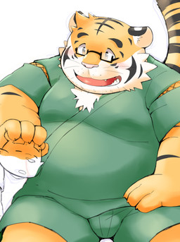 anthro blush bulge clothing duo eyes_closed eyewear glasses humanoid_hands kemono male overweight overweight_male pink_nose robe simple_background sitting young young_anthro 12beat13 felid mammal pantherine tiger 2015