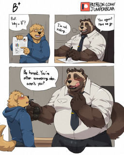 accessory anthro belly big_belly biped blush bottomwear brown_body brown_fur bulge clothing detailed_bulge dialogue duo duo_in_panel fur genital_outline hoodie kemono male male/male necktie overweight overweight_male pants penis_outline shirt sitting solo_in_panel student teacher teacher_and_student text topwear jumperbear canid canine canis domestic_dog mammal raccoon_dog tanuki 2025 absurd_res comic digital_media_(artwork) english_text hi_res url