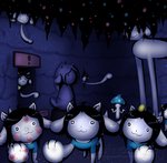 clothed clothed_feral clothing exclamation_point feral fungus group hair hives long_limbs looking_at_viewer mushroom sculpture star_pupils statue white_body undertale undertale_(series) ragel_(undertale) temmie_(undertale) elemental_creature fungi_fauna mammal tem