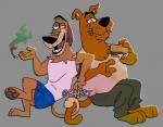 anthro black_nose bottomwear brown_body brown_fur burger clothed clothing crossed_legs drugs duo eating entwined_tails food fur holding_object male marijuana open_mouth pants simple_background slightly_chubby smile smoking tail tail_coil teeth tongue rhyset hanna-barbera johnny_test_(series) scooby-doo_(series) dukey scooby-doo canid canine canis domestic_dog great_dane mammal mastiff molosser 2019 chromatic_aberration crossover signature unavailable_at_source