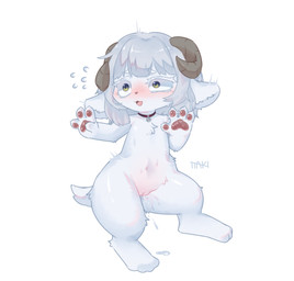 anthro bent_leg blush blush_lines bodily_fluids brown_nose chest_tuft digitigrade embarrassed female female_anthro feral genital_fluids genitals hair humanoid_genitalia humanoid_vulva navel nude pawpads paws simple_background solo standing sweat tail text thick_thighs tongue tuft vaginal vaginal_fluids vulva white_body yellow_eyes young young_anthro young_female ttaki bovid caprine hybrid mammal hi_res