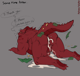 after_sex anthro balls bodily_fluids cum cum_in_ass cum_inside genital_fluids genitals male money red_body scales solo tail wulfer-shepherd mythology shouty_(xshouty) dragon mythological_creature mythological_scalie scalie hi_res