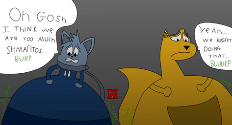 anthro black_nose bloated blue_body blue_bottomwear blue_clothing blue_fur blue_pants bottomwear chips_(food) clothing dialogue duo female food frown fur hoodie male male/female pants pouch_(anatomy) pupils rumbling_stomach sad speech_bubble stuffing stuffing_(food) tail text topwear weight_gain yellow_body yellow_fur lucariothestrong28 moneydogfilms alex_(moneydogfilms) zack_(moneydogfilms) domestic_cat felid feline felis humanoid kangaroo macropod mammal marsupial english_text