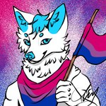 accessory anthro bisexual_pride_colors blue_eyes blue_hair blue_inner_ear_fluff blue_nose cheek_tuft clothing facial_tuft flag flag_(object) fur hair holding_flag holding_object inner_ear_fluff kerchief lgbt_pride male multicolored_accessory multicolored_kerchief multicolored_neckerchief multicolored_neckwear neck_tuft neckerchief neckwear nessi_kettu_(neszi) pride_color_accessory pride_color_background pride_color_bandanna pride_color_clothing pride_color_flag pride_color_kerchief pride_color_neckerchief pride_color_neckwear pride_colors simple_background solo tuft white_body white_fur chris_r lgbt_pride_month arctic_fox canid canine fox mammal true_fox 1:1 digital_drawing_(artwork) digital_media_(artwork) hi_res portrait signature