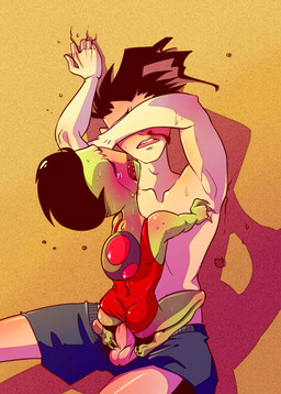 3_fingers aged_up anal anal_penetration anime_nosebleed backpack balls black_hair blood blush bodily_fluids butt clothed clothed_sex clothing clothing_aside cowgirl_position duo erection eyes_closed fingers from_front_position genitals green_body green_skin hair lying male male/male male_on_bottom male_on_top male_penetrated male_penetrating male_penetrating_male nosebleed not_furry on_back on_bottom on_top open_mouth pak penetration penis sand sex sweat swimwear tears topless invader_zim nickelodeon dib_membrane zim_(invader_zim) alien alien_humanoid human humanoid irken mammal hi_res