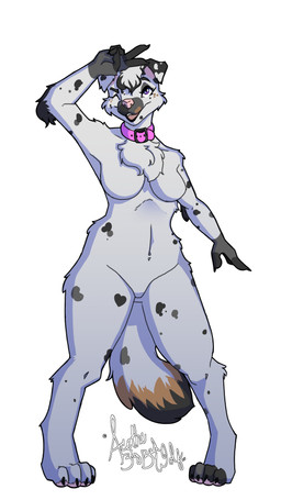 anthro chest_tuft collar female gesture hand_gesture markings purple_eyes solo spots spotted_body tuft v_sign acethebigbadwolf canid canine canis domestic_dog mammal 4k 9:16 absurd_res digital_media_(artwork) hi_res