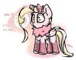 blonde_hair female feral freckles fur glowing hair looking_at_self neck_tuft pink_body pink_fur simple_background solo standing text tuft wings nottrevbe hasbro my_little_pony mythology fan_character arthropod equid equine horse hybrid insect lepidopteran mammal moth mothpony mythological_creature mythological_equine pegasus pony english_text hi_res signature