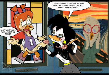 anthro beak big_penis black_hair breasts brush clothed clothing ear_piercing feathers female fingerless_gloves footwear genitals gloves group hair handwear headgear headwear intersex male paint paintbrush penis piercing red_hair smile text transformation trapped_in_painting trio young young_anthro ducktits toongrowner darkwing_duck disney ducktales gosalyn_mallard honker_muddlefoot splatter_phoenix anatid anseriform avian bird chicken duck galliform phasianid hi_res