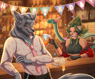 alcohol anthro bar_counter beer beverage birthday birthday_party clothing counter drinking duo female feral grey_body hat headgear headwear khimaira male male/female party_hat chrysanthemummy european_mythology greek_mythology jewish_mythology mythology samson aquatic aquatic_dragon canid canine canis chimera dragon felid hybrid leviathan lion mammal mixed_breed mythological_chimera mythological_creature mythological_marine mythological_scalie pantherine reptile scalie snake wolf 6:5 hi_res