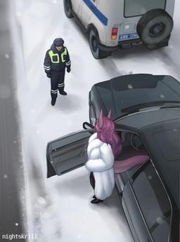 anthro biped bottomwear breasts car clothed clothed_anthro clothed_female clothed_human clothed_male clothing duo eye_contact female fully_clothed fully_clothed_human fully_clothed_male hair hat headgear headwear looking_at_another male outside snow snowing standing tail topwear vehicle nightskrill human mammal scalie 2026 digital_drawing_(artwork) digital_media_(artwork) hi_res