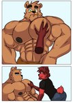 abs beard biceps big_pecs brown_body brown_fur dark_nipples duo eyebrows facial_hair fur male male/male muscular navel nipples pec_grab pec_squeeze pecs red_body red_fur slim thick_eyebrows nathanlepoyo lucky_skebe epoch_(nathanlepoyo) nathanlepoyo_(character) bear brown_bear domestic_cat felid feline felis grizzly_bear mammal ursine comic hi_res