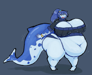 anthro big_breasts big_butt big_tail blue_body blue_eyes blue_hair breasts butt cleavage clothed clothing female hair huge_breasts huge_butt huge_thighs hyper hyper_breasts hyper_butt hyper_thighs navel obese obese_anthro obese_female one_eye_closed open_mouth overweight overweight_anthro overweight_female shadow simple_background smile solo tail thick_thighs wink ghornyb aquatic cetacean mammal character_request hi_res