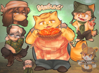anthro apron armor bread brown_body brown_fur clothing food fur grey_body grey_fur group hair headgear helmet kerchief male overalls overweight pawpads white_hair yellow_body yellow_fur young salamikii cyberconnect2 fuga:_melodies_of_steel little_tail_bronx boron_brioche britz_strudel hack_montblanc jin_macchiato canid canine caninu canis domestic_cat domestic_dog felid feline felineko felis mammal hi_res