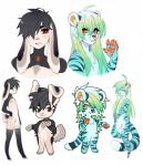 anthro black_hair blue_body blue_fur blush brown_eyes chest_tuft chibi duo eyes_closed facial_piercing featureless_crotch femboy fur green_hair hair inner_ear_fluff long_hair looking_at_viewer male nipples nose_piercing nude orange_eyes orange_sclera pawpads piercing septum_piercing simple_background smile standing striped_body striped_fur stripes tuft white_background white_body white_fur frenky_hw jeibon felid lagomorph leporid mammal pantherine rabbit tiger digital_media_(artwork) hi_res model_sheet shaded