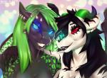 anthro biped black_body black_hair black_lips black_markings black_scales black_sclera blue_eyes duo ear_piercing eyelashes female fingers green_hair green_horn green_spots hair heterochromia horn lips long_hair looking_at_viewer markings piercing pupils red_eyes red_sclera scales slit_pupils smile spots spotted_body spotted_scales teeth white_body white_scales radiant_scar mythology alice_(blueclaws) mina_(blueclaws) dragon mythological_creature mythological_scalie reptile scalie 2018 headshot_portrait portrait sibling_(lore) sister_(lore) sisters_(lore)