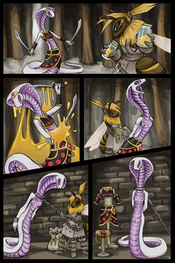 anthro apode armor assisted_exposure assisted_undressing bdsm black_eyes blush bondage bottomwear bound bra breastplate breasts captured chain clothed clothing collar collar_only crown duo female furgonomic_bottomwear furgonomic_underwear furgonomics genitals hands_behind_back headgear holding_clothing holding_object holding_underwear legless melee_weapon multi_leg multi_limb nude panties presenting public public_nudity purple_body purple_scales red_eyes scales serpentine slave small_breasts snake_hood standing sword topless underwear vulva weapon white_body white_scales lonelyworld lylene_(alphalurker) arthropod bee cobra draconcopode hymenopteran insect naga reptile scalie snake viper 2:3 comic