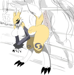 anthro bent_over big_breasts big_butt bound breasts butt chain chain_leash chained collar duo faceless_character faceless_male female feral genitals imminent_rape imminent_sex leash male male/female penis solo_focus inumatori bandai_namco digimon canid digimon_(species) equid mammal renamon hi_res