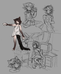 anthro bottomwear box brown_body brown_fur chair clothing computer container dress electronics female fur furniture grey_background keyboard kneeling office_chair simple_background skirt solo puppywives domestic_cat felid feline felis mammal hi_res sketch sketch_page
