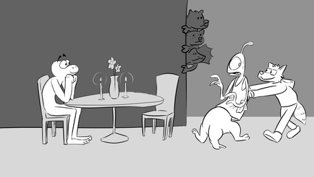 1_eye 2_toes 3_fingers 3_legs 4_toes :3 admiration admiring antennae_(anatomy) anthro being_watched bent_legs big_tail biped bottomless bottomless_male bottomwear candle casual_nudity chair clothed clothed_anthro clothed_male clothing crop_top crop_top_only crush denim denim_bottomwear denim_clothing dot_eyes eyewear fanboy feet fingers floating_eyebrows flower fluffy fluffy_tail frill_(anatomy) fully_clothed fully_clothed_anthro fully_clothed_male furniture glance glasses group head_tuft humanoid_feet humanoid_hands jacket jeans looking_aside looking_at_another looking_back looking_back_at_another male markings nude nude_anthro nude_male on_chair open_mouth pants plant plantigrade ring_(marking) ringed_tail shirt simple_eyes sitting sitting_on_chair sleeveless_shirt smile smiling_at_another striped_markings striped_tail stripes tail tail_markings toes toony topwear tuft vase walk-in walking wide_eyed hexadoodle disney lilo_and_stitch commissar-k_(character) hex_(hexadoodle) ness_(larathelabrat) vinvertigo wendy_pleakley agamid alien amphibian bull_terrier canid canine canis domestic_dog frilled_lizard frog hunting_dog lizard mammal mink mustelid musteline plorgonarian procyonid raccoon reptile scalie terrier true_musteline 2025 digital_drawing_(artwork) digital_media_(artwork) greyscale hi_res monochrome
