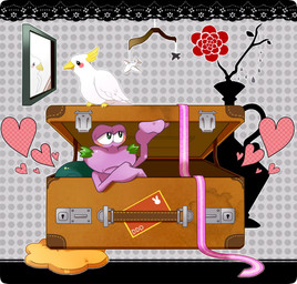 aircraft airplane ambiguous_gender anthro blush facial_hair feral flower green_shell heart_symbol looking_at_mirror looking_at_object male mature_anthro mature_male mirror mirror_reflection pattern_background plant purple_body reflection shell simple_background suitcase text vase vehicle y2k_(graphic_design) kouhakugohan kirby:_right_back_at_ya! kirby_(series) nintendo escargoon avian bird gastropod mollusk parrot snail screentone