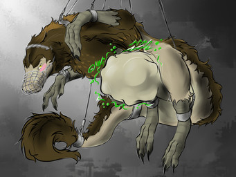 ambiguous_gender anthro bound bulging_stomach digestion_implied digestion_noises feathers feet flustered looking_away rumbling_stomach scales shackled solo suspension talons toes unwilling_pred vore uysu lyfield_(fierian) dinosaur dromaeosaurid prehistoric_species reptile saurischian scalie theropod utahraptor hi_res