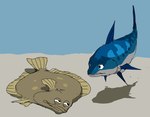 ambiguous_gender blue_background blue_body brown_body duo feral fin looking_at_another shadow simple_background xhdxyorange padak_(film) padak fish flounder marine scombrid scombriform tuna 2023 hi_res