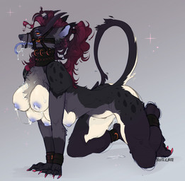 6_breasts 6_nipples all_fours anthro bdsm bit_gag black_body bodily_fluids breasts collar cuffed_ankles cuffed_wrists dripping drooling female female_anthro forked_tongue gag gagged genital_fluids gradient_background grey_background grey_body halter harness_bit_gag harness_gag horn lactating long_tongue multi_breast multi_nipple multicolored_body muzzle_gag nipples open_mouth posture_collar saliva saliva_drip saliva_on_breasts saliva_on_tongue simple_background solo submissive submissive_anthro submissive_female tan_body tongue tongue_out vaginal_fluids faedread mythology canid canid_demon canine demon hellhound mammal mythological_canine mythological_creature veilhound 2021 hi_res