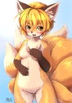 9_tails alternate_species anthro blonde_hair blush breasts brown_eyes canid canine chest_tuft featureless_breasts featureless_crotch female fox furrification hair hi_res inner_ear_fluff kemono mammal multi_tail nude open_mouth ran_yakumo shiitakemeshi short_hair small_breasts solo tail touhou tuft