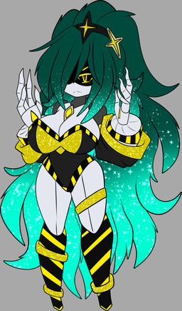 4_fingers accessory big_breasts breasts clothing female fingers green_hair hair hair_over_eye hazard_stripes long_hair machine mechanical_arm mechanical_leg mechanical_tail not_furry screen screen_eyes screen_face serial_designation_m_(xxseraphimphobiaxx) solo syringe syringe_tail tail text thin_calves thin_legs thin_thighs white_body yellow_eyes xxseraphimphobiaxx glitch_productions murder_drones fan_character android disassembly_drone humanoid robot robot_humanoid tailed_humanoid absurd_res character_name character_request english_text hi_res model_sheet