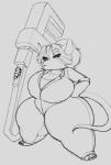 anthro big_breasts breasts clothed clothing female hair huge_breasts huge_thighs hyper hyper_thighs looking_at_viewer pipe_wrench short_stack solo thick_thighs tools vibershot ronnie_(chances) mammal murid murine rat rodent hi_res monochrome sketch