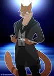 anthro clothing coat dagger eyewear glasses jewelry magic_user male melee_weapon necklace pose solo topwear trenchcoat weapon palmarianfire jesse_cat demon domestic_cat felid feline felis mammal hi_res