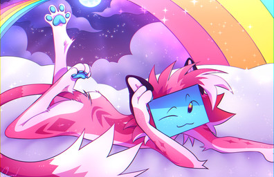 blue_pawpads fur male moon night pawpads paws pink_body pink_fur rainbow screen screen_face semi-anthro sky skyscape solo 69weed skeppy_kat absurd_res hi_res
