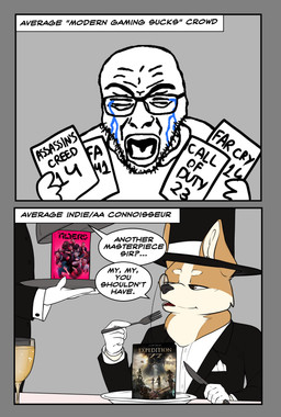 anthro clothing cutlery dialogue dining fork formal_wear gaming hat headgear headwear humor joke kitchen_utensils knife restaurant tools waiter_tray corginamedbruno expedition_33 soyjak bruno_(corginamedbruno) canid canine canis domestic_dog herding_dog human mammal pastoral_dog welsh_corgi absurd_res comic hi_res meme