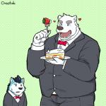 anthro blue_eyes bottomwear cake clothing dessert duo food fur humanoid_hands male overweight overweight_male pants shirt simple_background topwear white_body white_fur cheotdo utau rou_kemonone shirane_kan bear canid canine canis mammal polar_bear ursine wolf 1:1 2018 hi_res