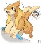 2024 2_tails anthro areola asphyxiation big_breasts biped black_eyes black_nose blue_body breasts cute_fangs digital_media_(artwork) drowning duo female floatzel generation_4_pokemon haramikarubi huge_breasts human mammal multi_tail multicolored_body nintendo nipples open_mouth open_smile orange_body pokemon pokemon_(species) pupils simple_background smile tail tan_areola tan_nipples wet white_background