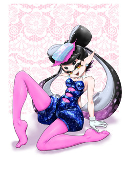 breasts cleavage clothed clothing collar cutout feet female gloves handwear humanoid_pointy_ears legwear navel not_furry open_mouth open_smile pattern_background pointy_ears pseudo_hair pupils simple_background sitting smile solo tentacle_hair tentacles tights unusual_pupils koharuno2 nintendo splatoon callie_(splatoon) aquatic cephalopod humanoid inkling mollusk hi_res