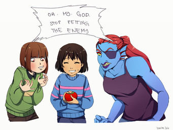 ambiguous_gender anthro blue_clothing blue_sweater blue_topwear clothing female green_clothing green_sweater green_topwear group pattern_clothing pattern_sweater pattern_topwear striped_clothing striped_sweater striped_topwear stripes sweater text topwear bente36 undertale undertale_(series) chara_(undertale) frisk_(undertale) undyne aquatic fish human mammal 2016 4:3 english_text